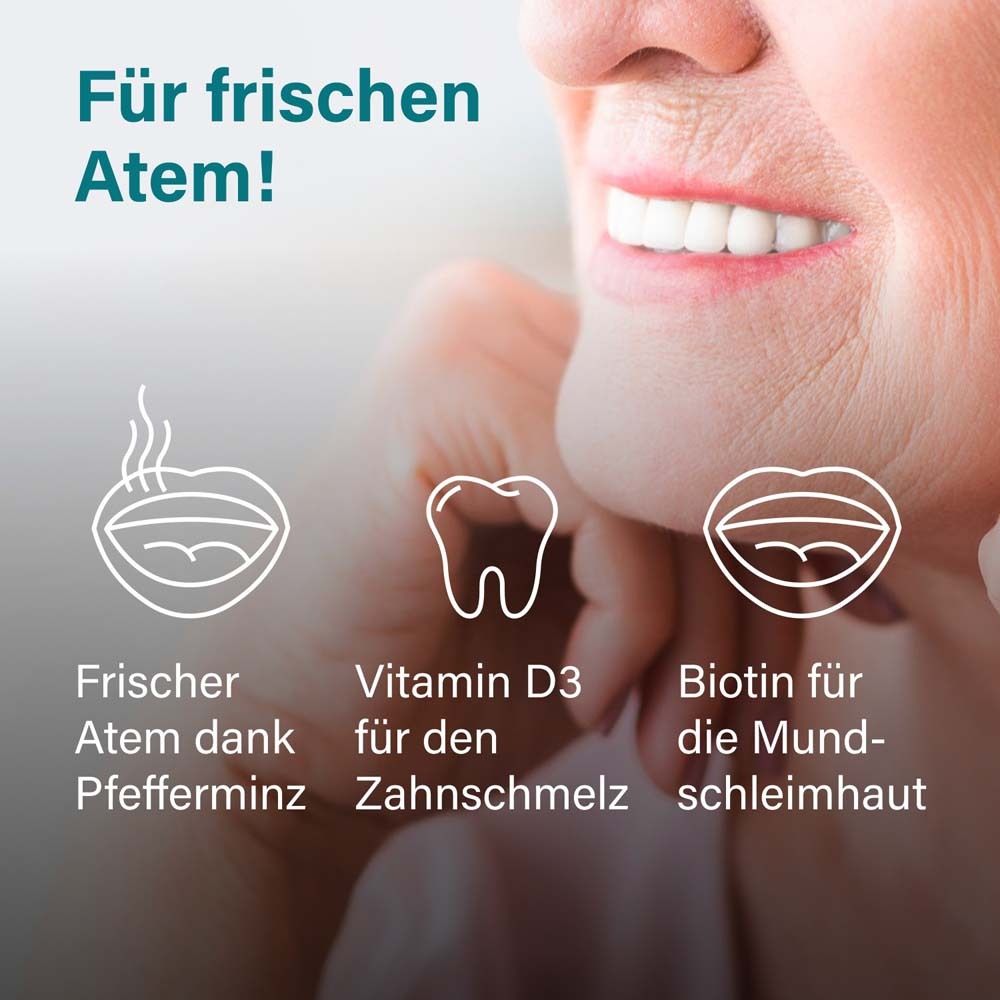 Zahnmodell mit Text: Frischer Atem. Vitamin D3, Biotin.