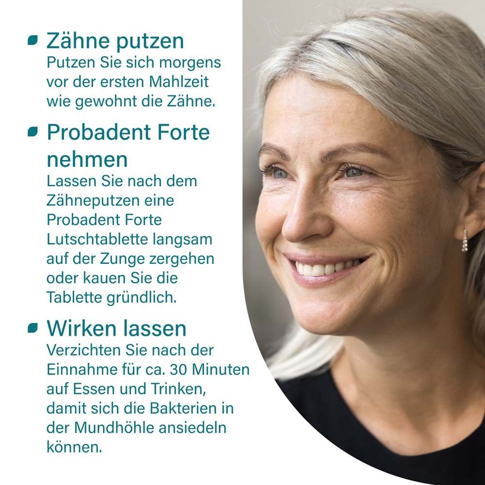 Tabelle mit Inhaltsstoffen. Text: Nahrungsergänzungsmittel probadent forte.