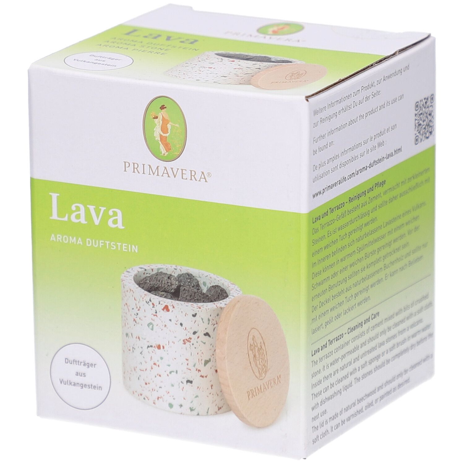 Verpackung mit Primavera® Aroma Duftstein Lava. Weißer Behälter mit Lavasteinen und Holzdeckel. Logo und Produktname.