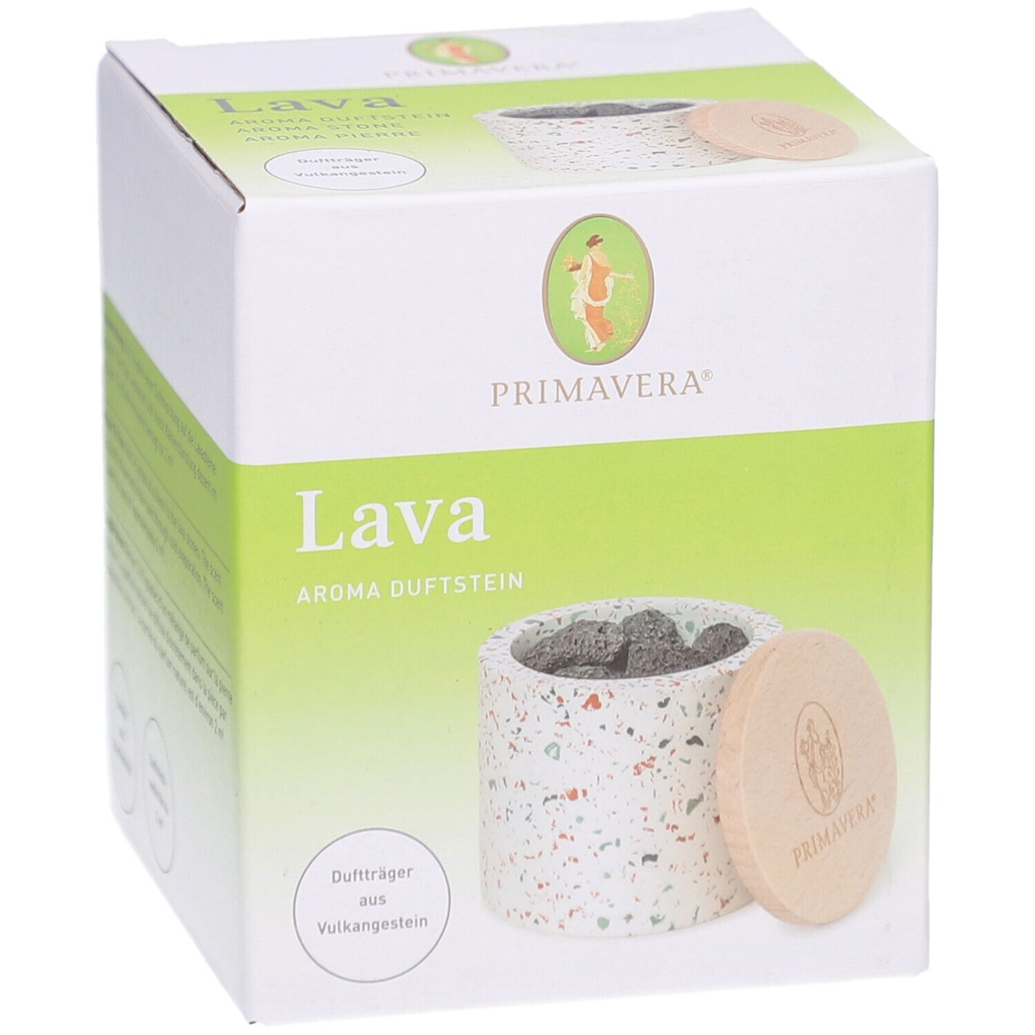 Verpackung Primavera® Aroma Duftstein Lava. Weißer Behälter mit Lavasteinen und Holzdeckel. Logo und Produktname.