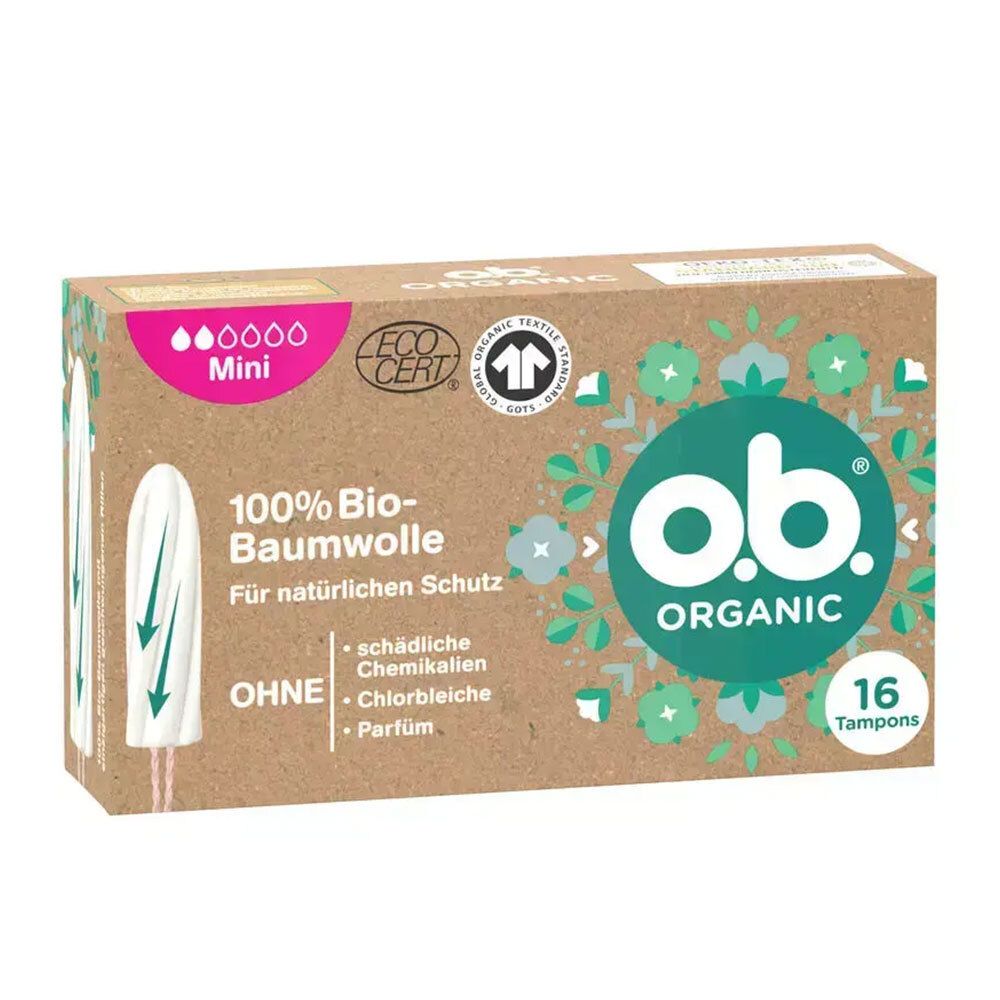 Karton mit o.b.® Organic Mini Tampons. Aufschrift: 100% Bio-Baumwolle, ohne schädliche Chemikalien, Chlorbleiche und Parfum. 16 Tampons.