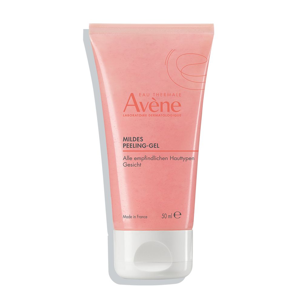 Tube rose "Avène Mildes Peeling-Gel". Texte en allemand et français. 50 ml.