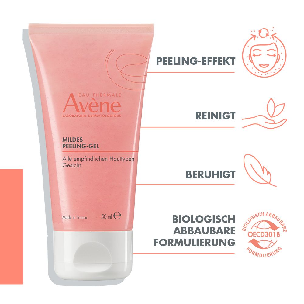 Tube rose "Avène Mildes Peeling-Gel" avec icônes: Effet peeling, Nettoie, Apaise, Biodégradable.