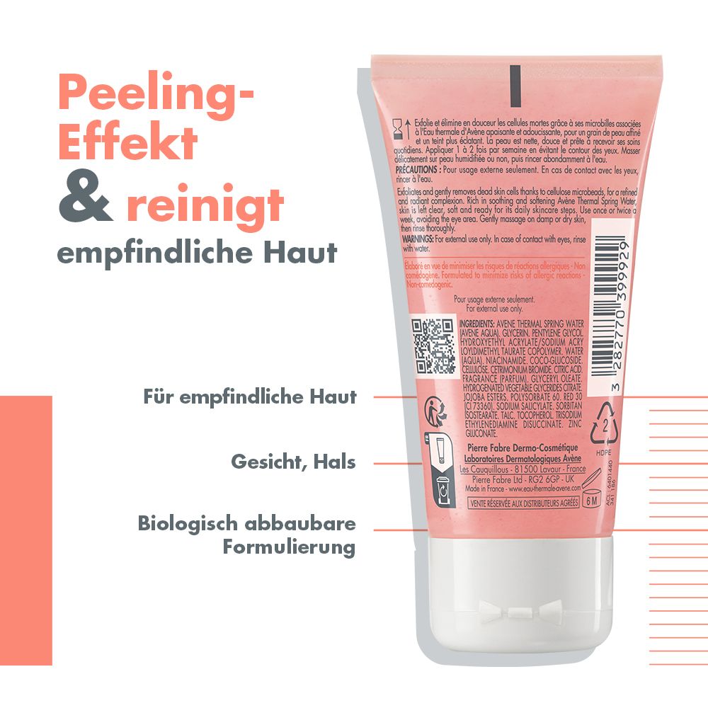 Dos du tube rose "Avène Mildes Peeling-Gel". Texte, ingrédients, QR code, symboles de recyclage.