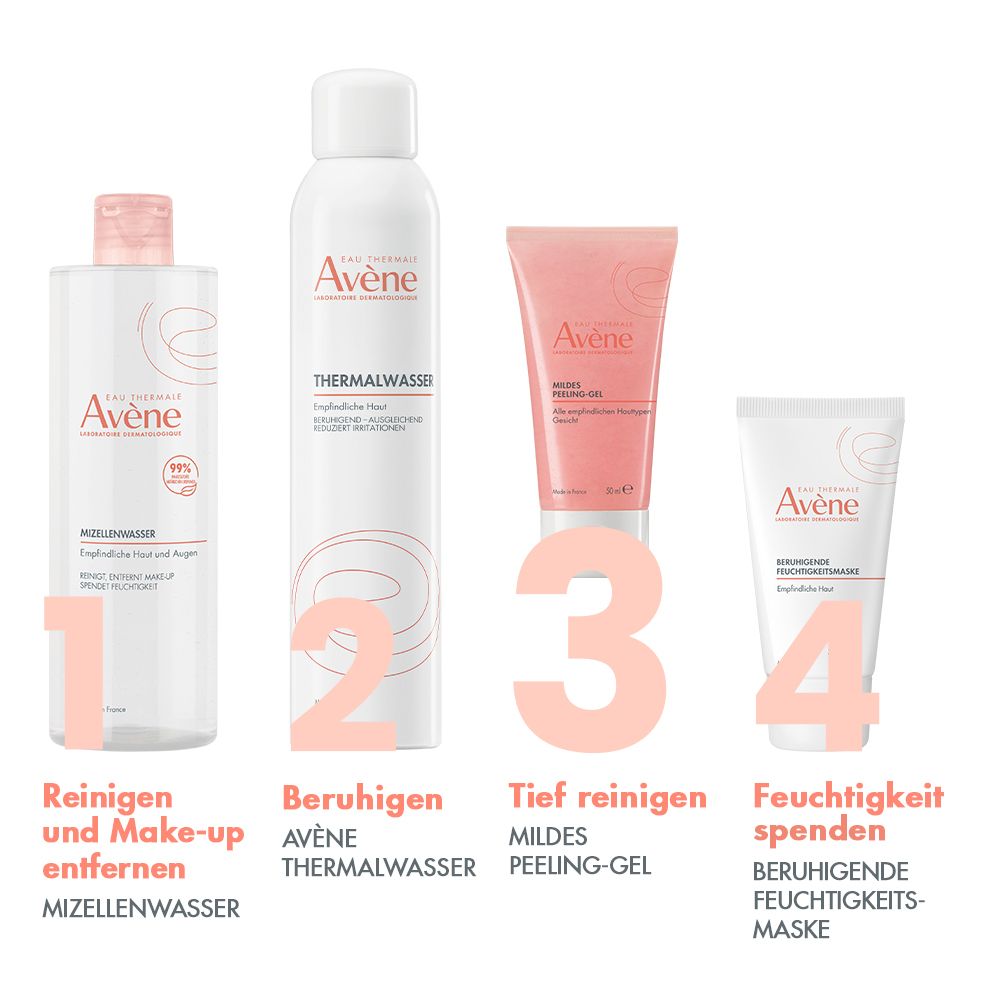 Quatre produits Avène: Eau micellaire, Eau thermale, Gel peeling doux, masque hydratant apaisant.