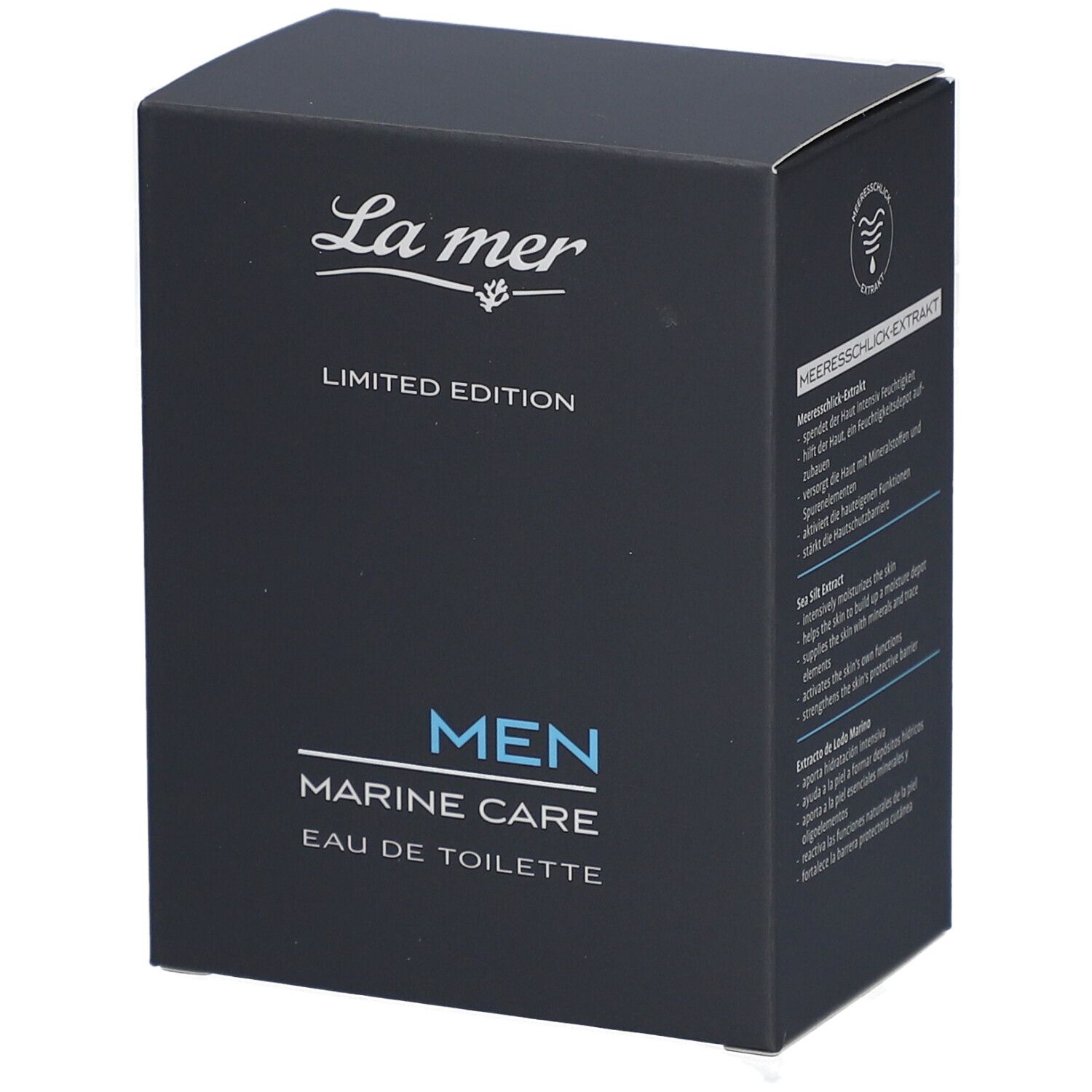 Dunkelblaue Verpackung von La mer MEN Marine Care Eau de Toilette. Aufschrift: LIMITED EDITION, MEN, MARINE CARE, Eau de Toilette.