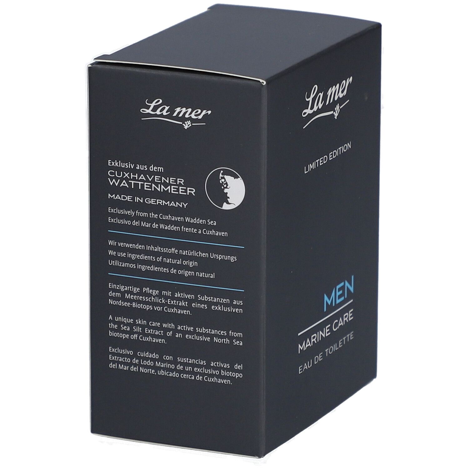 Dunkelblaue Verpackung von La mer MEN Marine Care Eau de Toilette. Text: Exklusiv aus dem Cuxhavener Wattenmeer, Made in Germany.