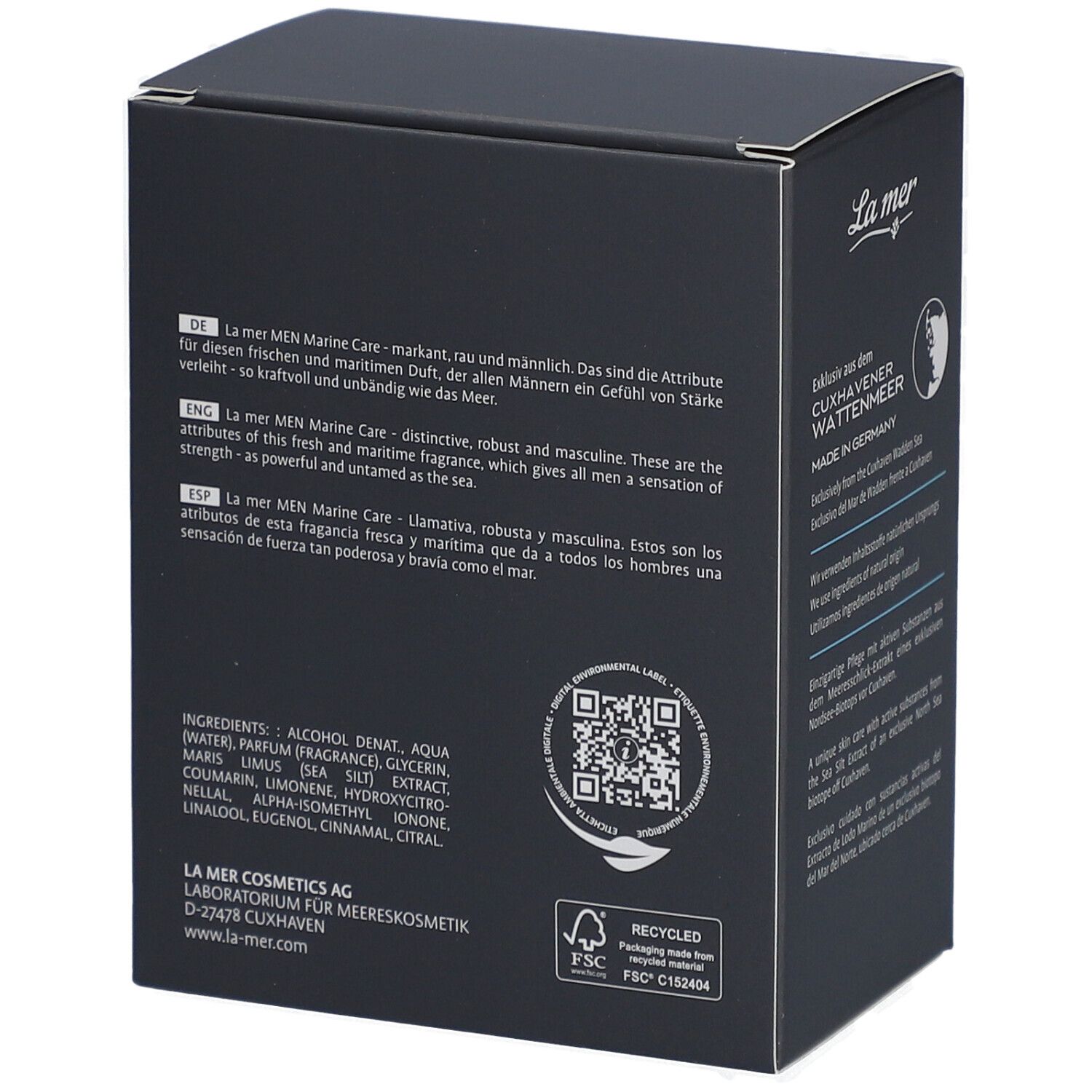 Dunkelblaue Verpackung von La mer MEN Marine Care Eau de Toilette. Text: Inhaltsstoffe, QR-Code, FSC-Siegel, recyceltes Verpackungssymbol.