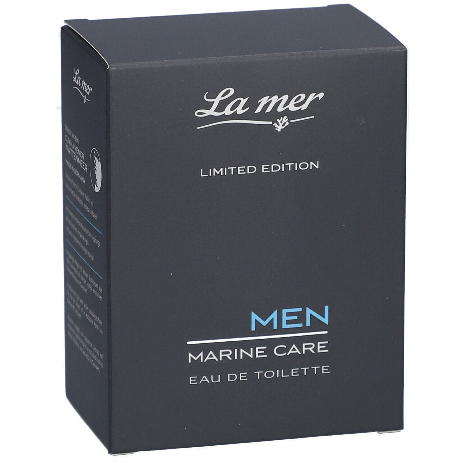 Dunkelblaue Verpackung von La mer MEN Marine Care Eau de Toilette. Aufschrift: LIMITED EDITION, MEN, MARINE CARE, Eau de Toilette.