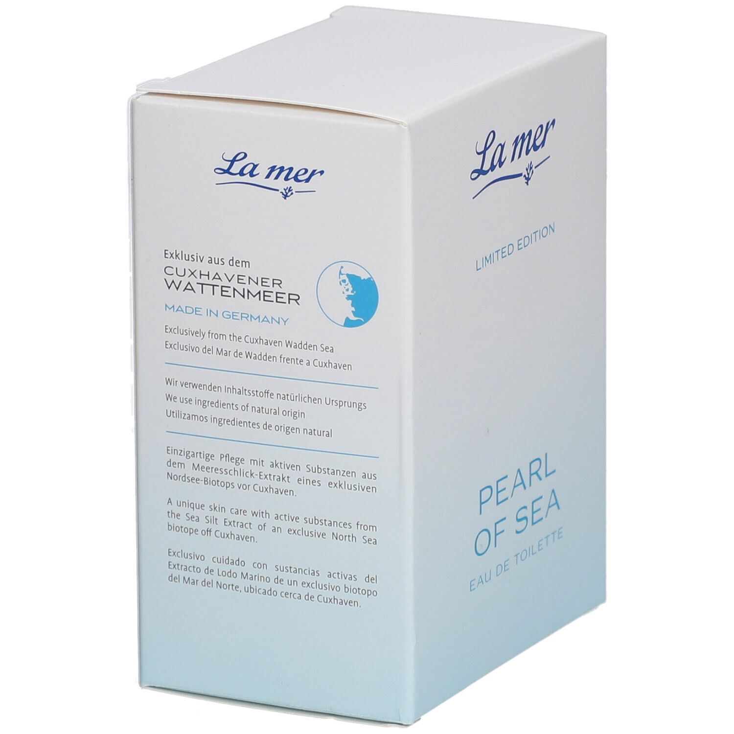 Weiße Kartonverpackung mit blauem Farbverlauf. Aufschrift: La mer, Limited Edition, Pearl of Sea Eau de Toilette. Text.