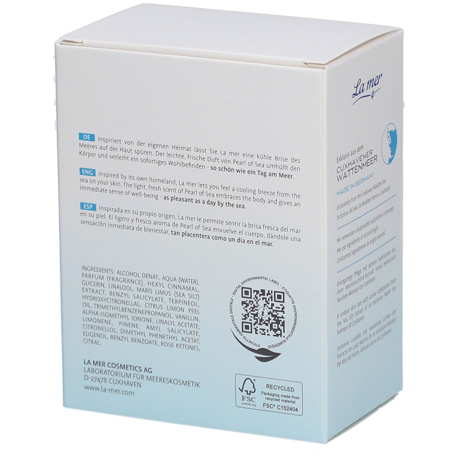 Weiße Kartonverpackung mit blauem Farbverlauf. Aufschrift: La mer, Limited Edition, Pearl of Sea Eau de Toilette. Text und QR-Code.