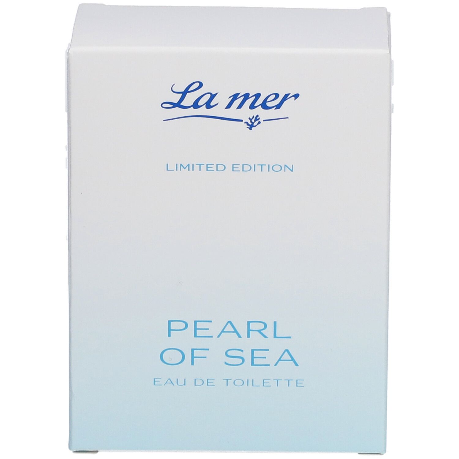 Weiße Kartonverpackung mit blauem Farbverlauf. Aufschrift: La mer, Limited Edition, Pearl of Sea Eau de Toilette.