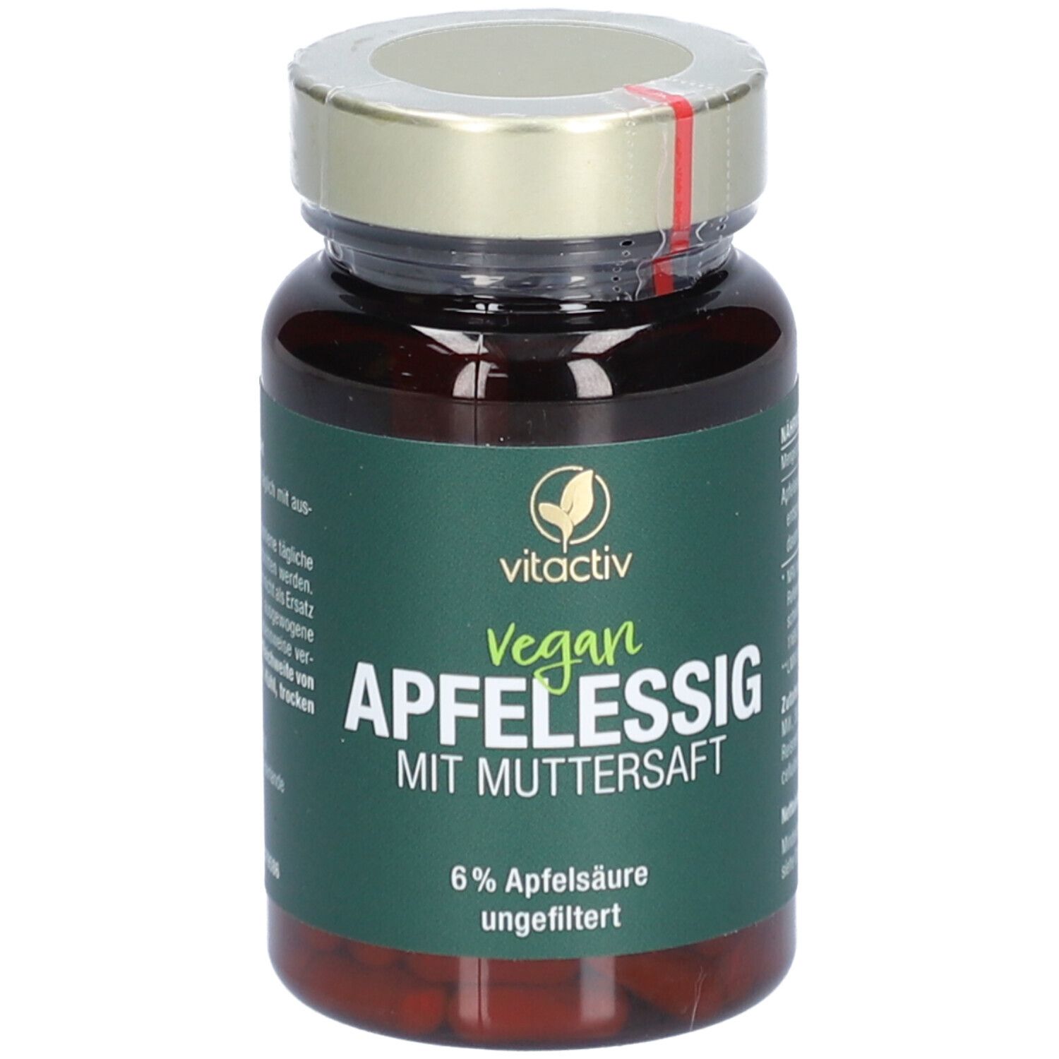Braune Flasche mit grüner Etikette. Aufschrift: vitactiv Vegan Apfelessig mit Muttersaft. 6% Apfelsäure, ungefiltert.