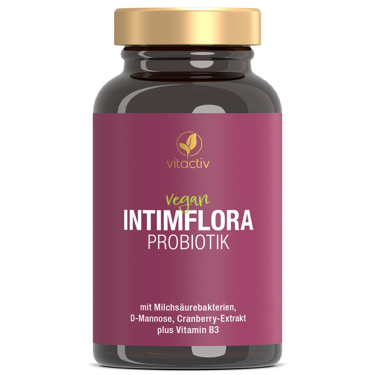 Braune Flasche mit goldfarbenem Deckel. Aufschrift: INTIMFLORA PROBIOTIK. Enthält Milchsäurebakterien, D-Mannose, Cranberry-Extrakt, Vitamin B3.