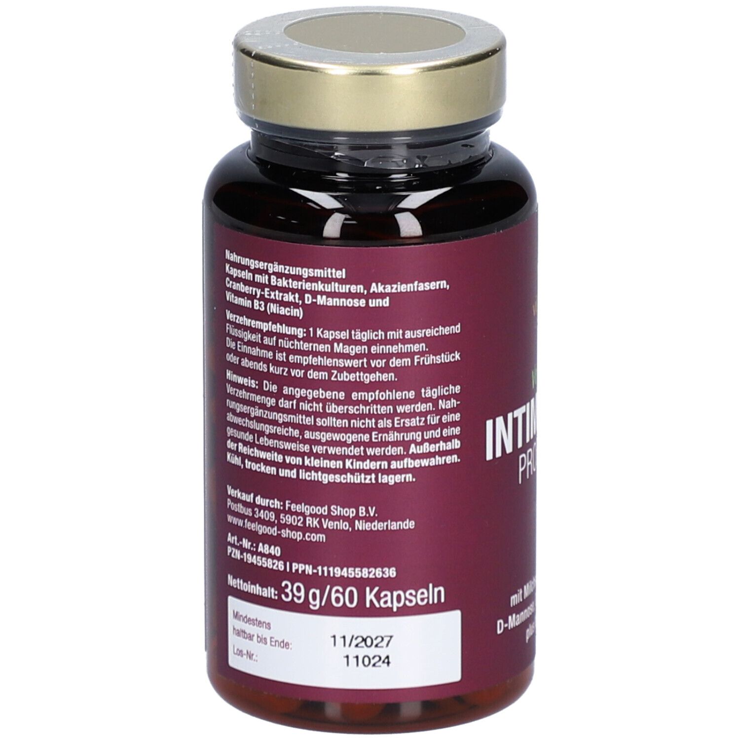 Braune Flasche mit goldfarbenem Deckel. Rückseite mit Text. Enthält Milchsäurebakterien, D-Mannose, Cranberry-Extrakt, Vitamin B3. 39g/60 Kapseln.