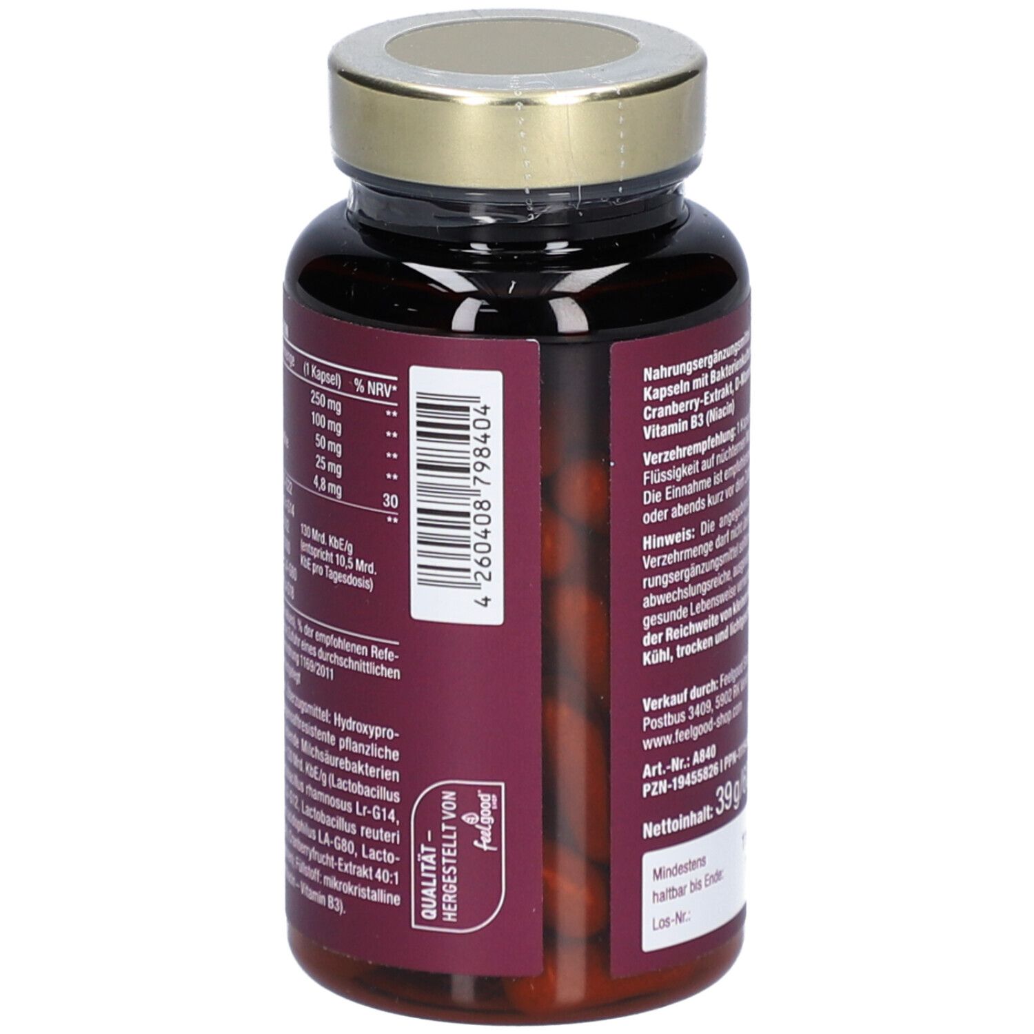 Braune Flasche mit goldfarbenem Deckel. Rückseite mit Text. Nährwertdeklaration. 39g/60 Kapseln.