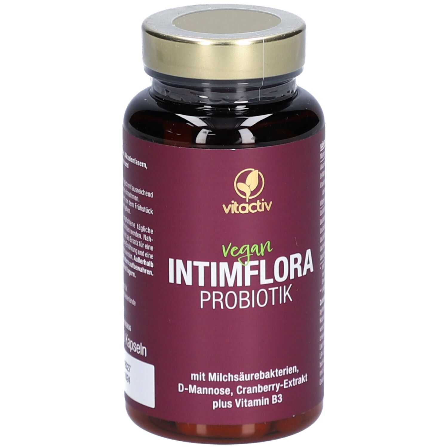 Braune Flasche mit goldfarbenem Deckel. Aufschrift: INTIMFLORA PROBIOTIK. Enthält Milchsäurebakterien, D-Mannose, Cranberry-Extrakt, Vitamin B3.