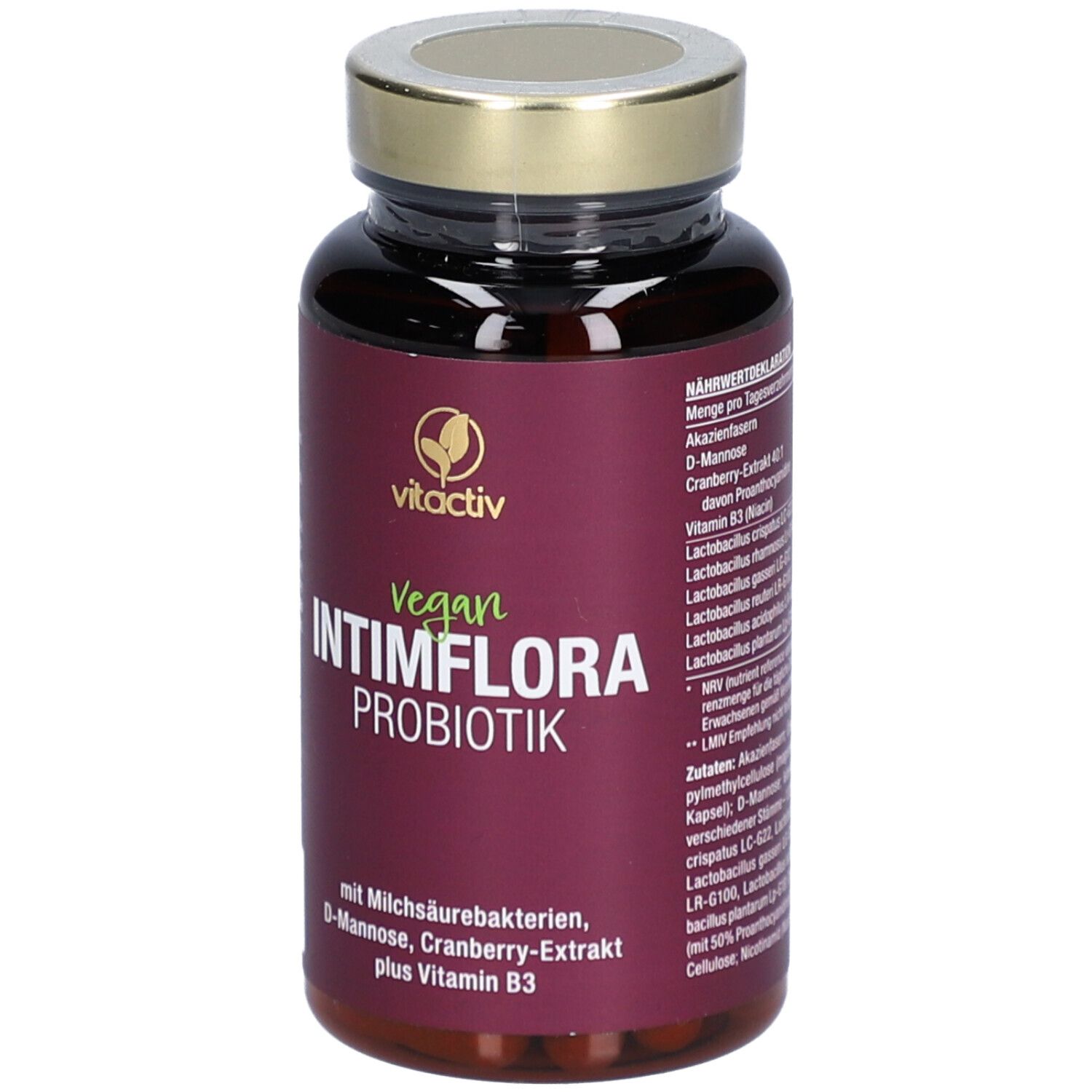 Braune Flasche mit goldfarbenem Deckel. Rückseite mit Text. Nährwertdeklaration. 39g/60 Kapseln.