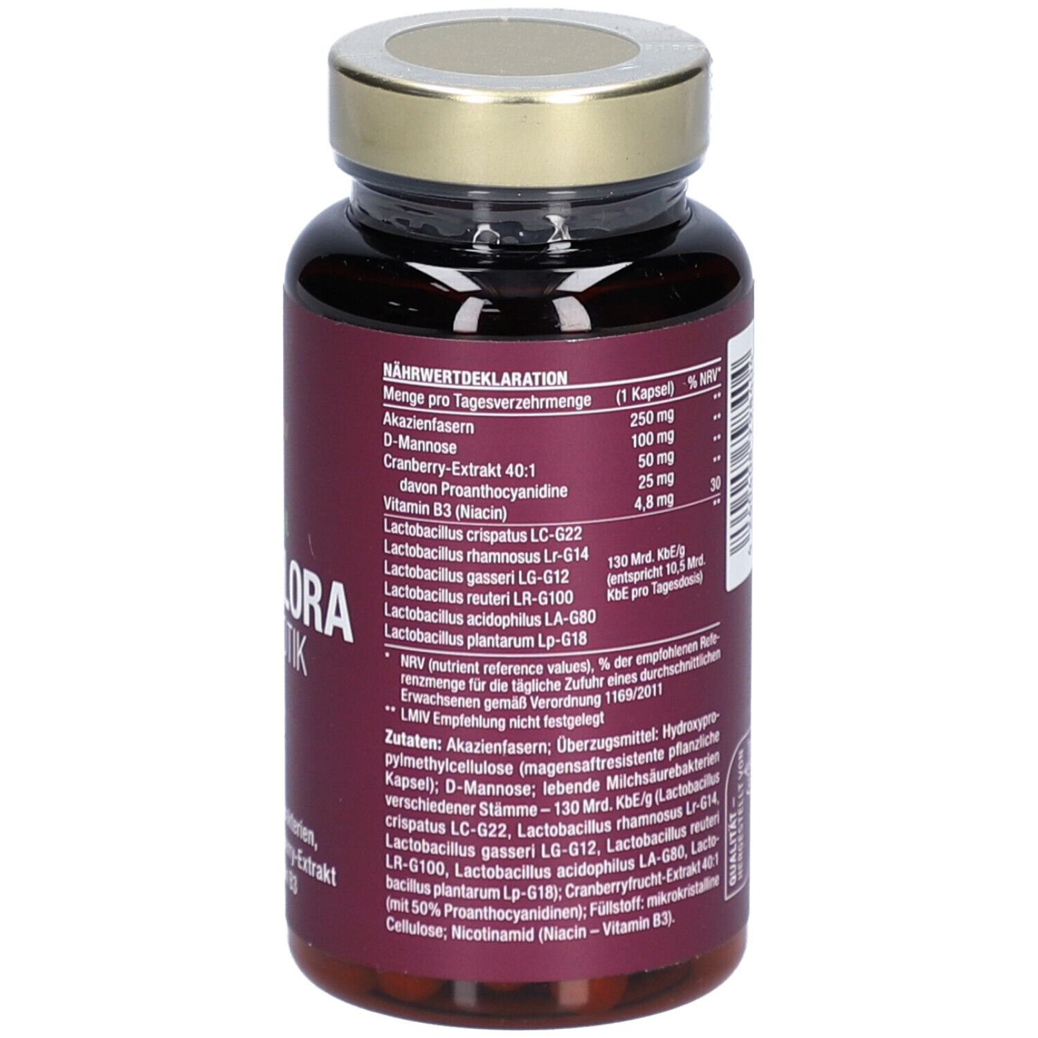 Braune Flasche mit goldfarbenem Deckel. Rückseite mit Text. Nährwertdeklaration. 39g/60 Kapseln.