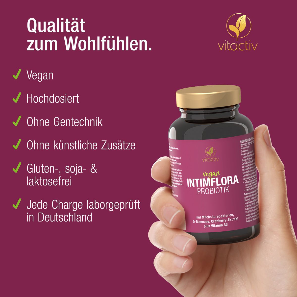 Braune Flasche mit goldfarbenem Deckel. Text: Vegan, hochdosiert, ohne Gentechnik, ohne künstliche Zusätze. Gluten-, soja- & laktosefrei.