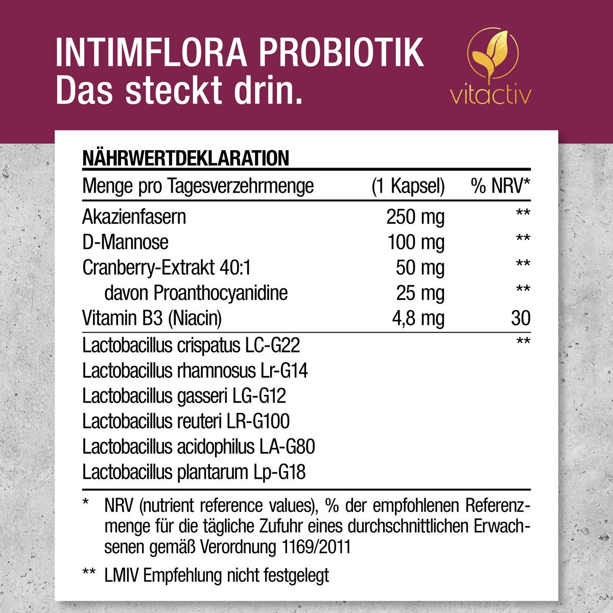 Text: INTIMFLORA PROBIOTIK. Nährwertdeklaration. Inhaltsstoffe: Akazienfasern, D-Mannose, Cranberry-Extrakt, Vitamin B3. Bakterienstämme.