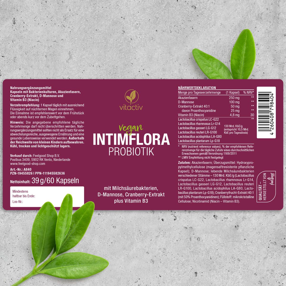 Produktverpackung. Text: INTIMFLORA PROBIOTIK. Enthält Milchsäurebakterien, D-Mannose, Cranberry-Extrakt, Vitamin B3. 39g/60 Kapseln.