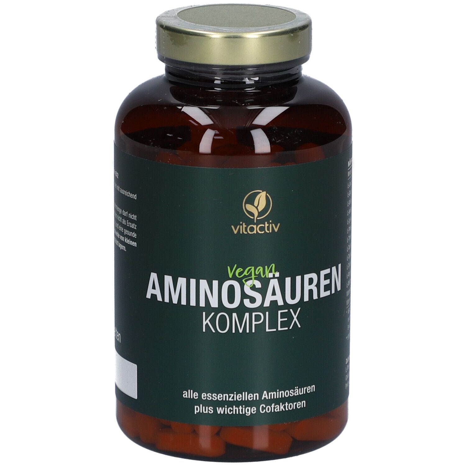Flacon brun avec étiquette verte. Inscription : Vitactiv Aminosäuren Komplex vegan.