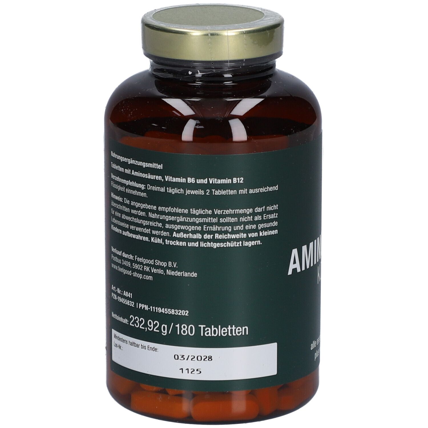 Dos du flacon Vitactiv Aminosäuren Komplex. Contient des informations sur l'utilisation et les ingrédients.