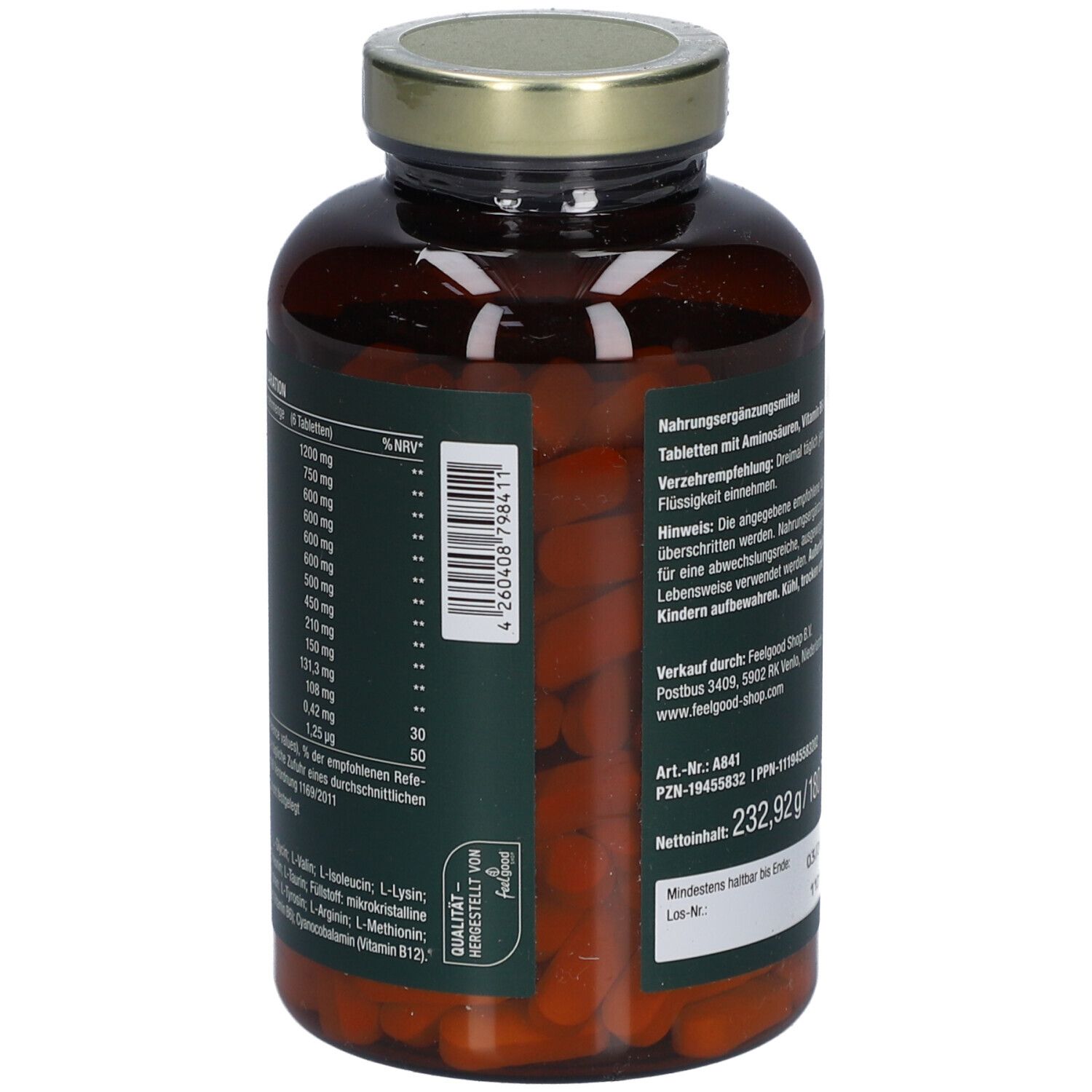 Dos du flacon Vitactiv Aminosäuren Komplex. Contient la déclaration nutritionnelle et les ingrédients.