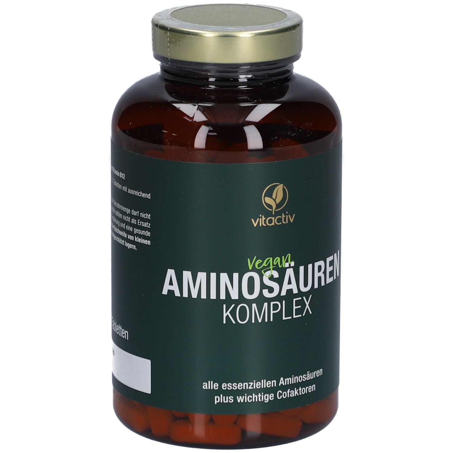 Flacon brun avec étiquette verte. Inscription : Vitactiv Aminosäuren Komplex vegan.