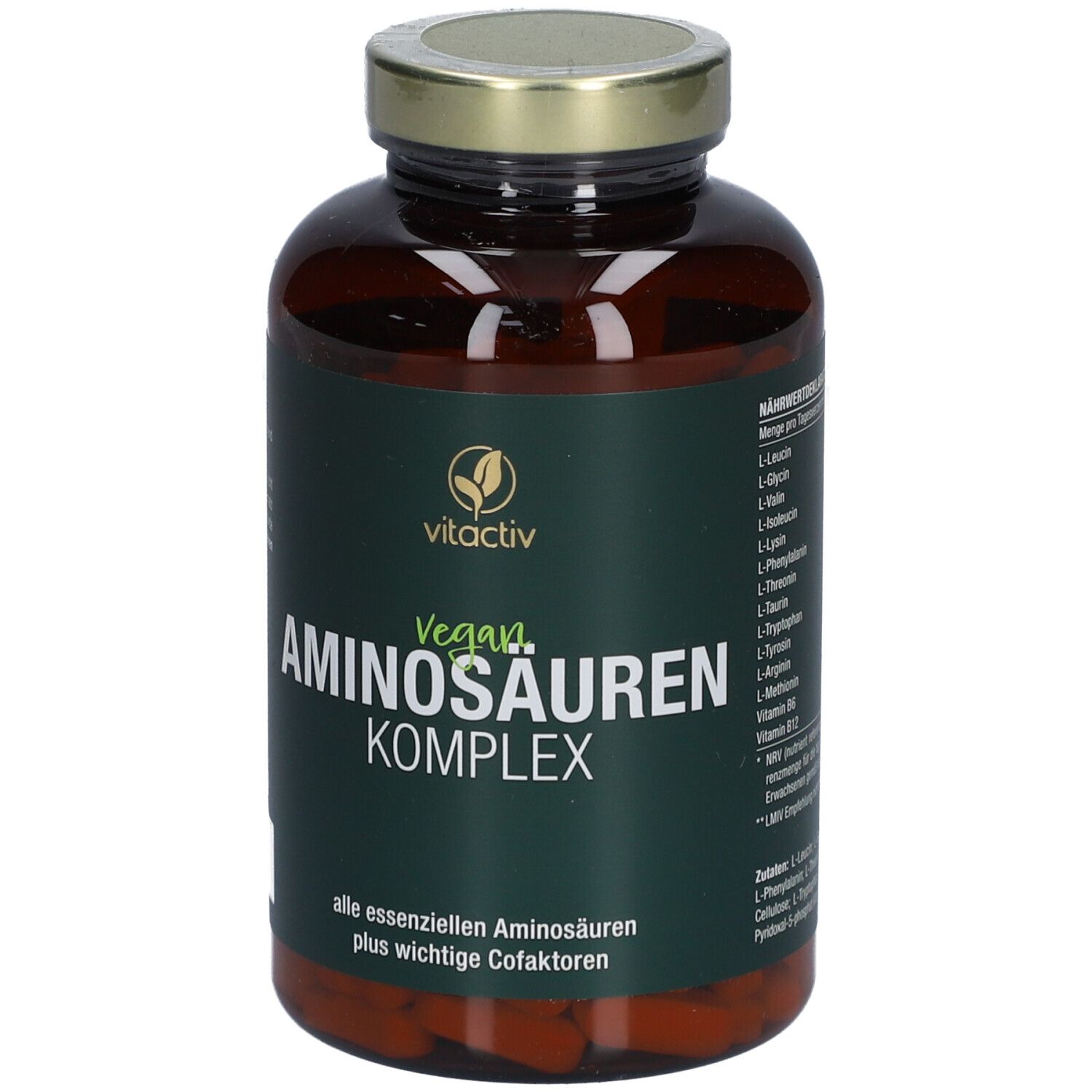 Flacon brun avec étiquette verte. Inscription : Vitactiv Aminosäuren Komplex vegan.