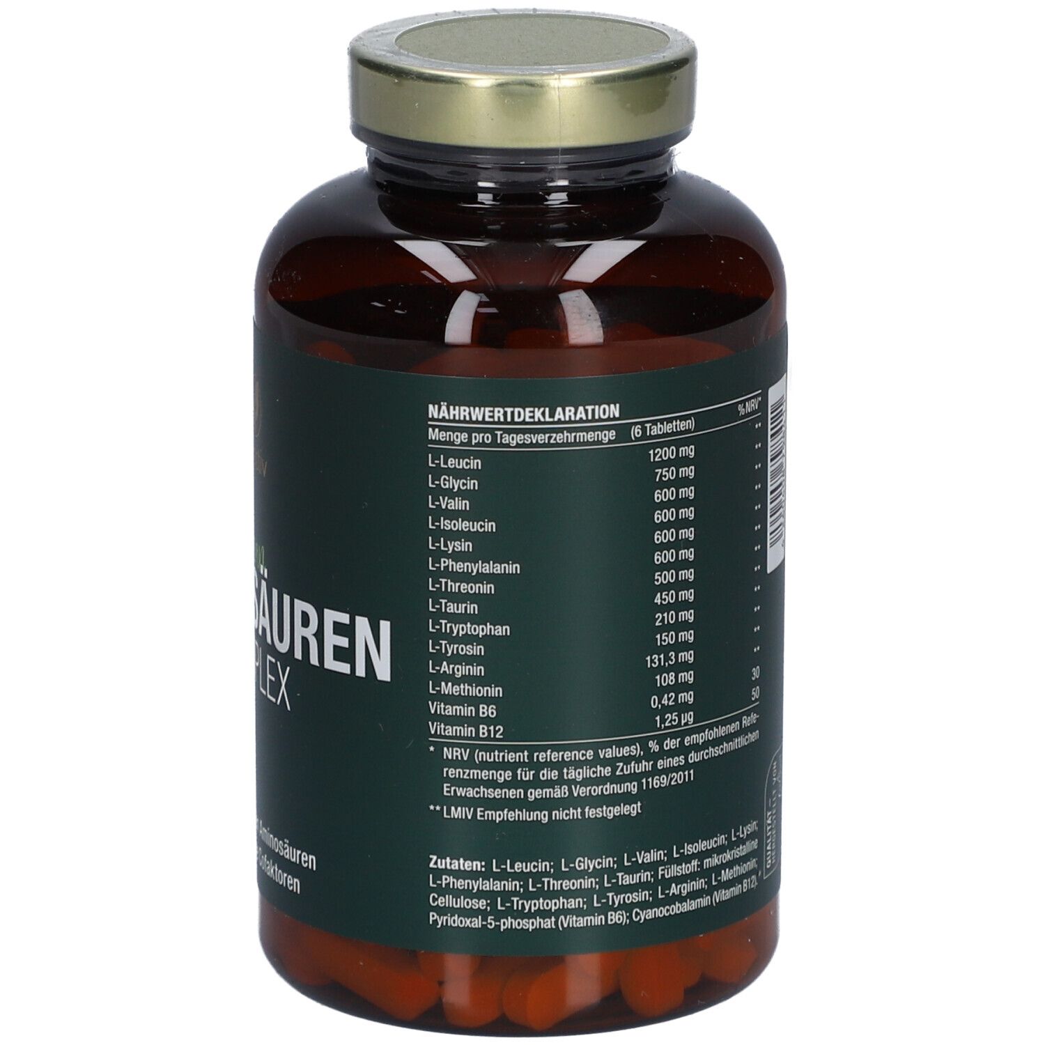 Dos du flacon Vitactiv Aminosäuren Komplex. Contient la déclaration nutritionnelle et les ingrédients.