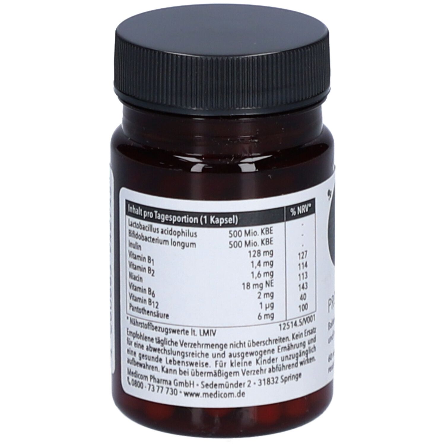 Braune Flasche mit schwarzen Deckel. Aufkleber mit Nährwertangaben. Enthält Lactobacillus acidophilus, Inulin, Vitamin B1, B2, B6, B12.