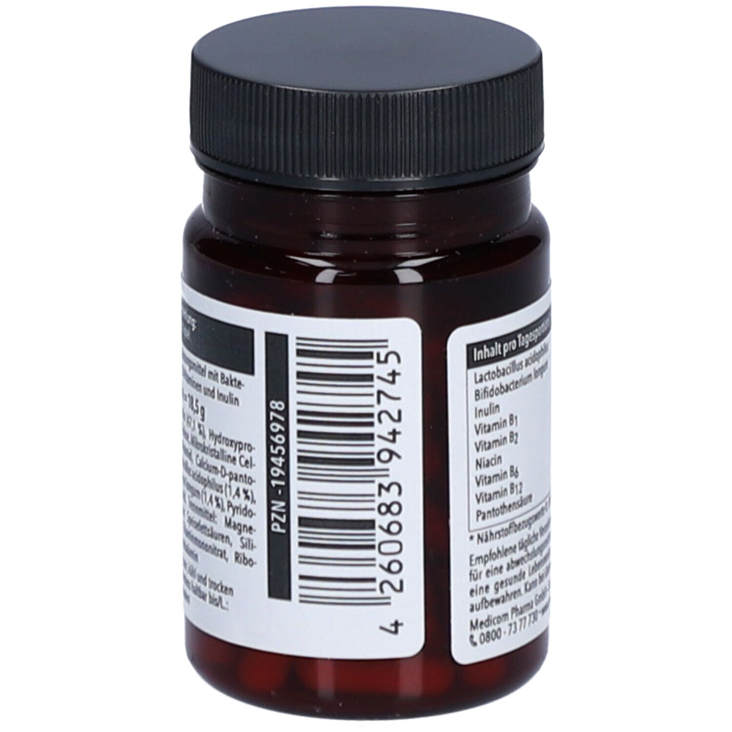 Braune Flasche mit schwarzen Deckel. Aufkleber mit Inhaltsstoffen und Nährwertangaben. Enthält Inulin, Hydroxypropylmethylcellulose, etc.