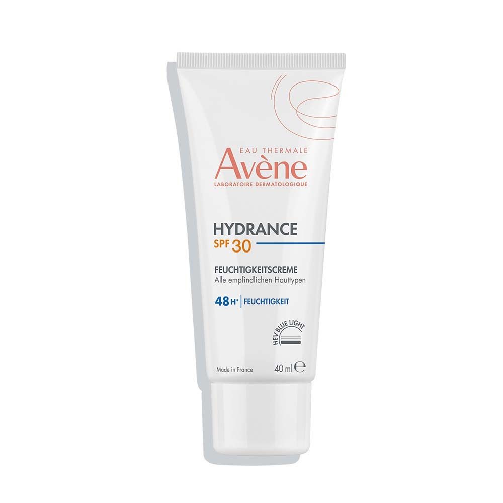 Tube blanc Avène Hydrance SPF 30. Texte et logo visibles. 40ml.