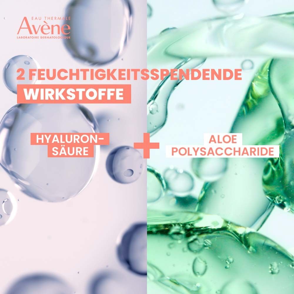 Illustration d'acide hyaluronique et polysaccharides d'aloe. Texte: 2 ingrédients hydratants.