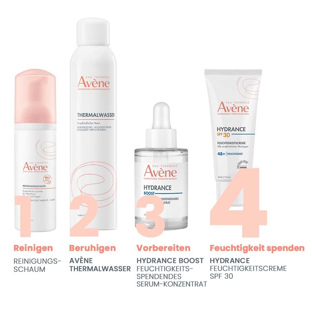 Quatre produits: Mousse nettoyante, eau thermale, sérum, crème Hydrance SPF 30.