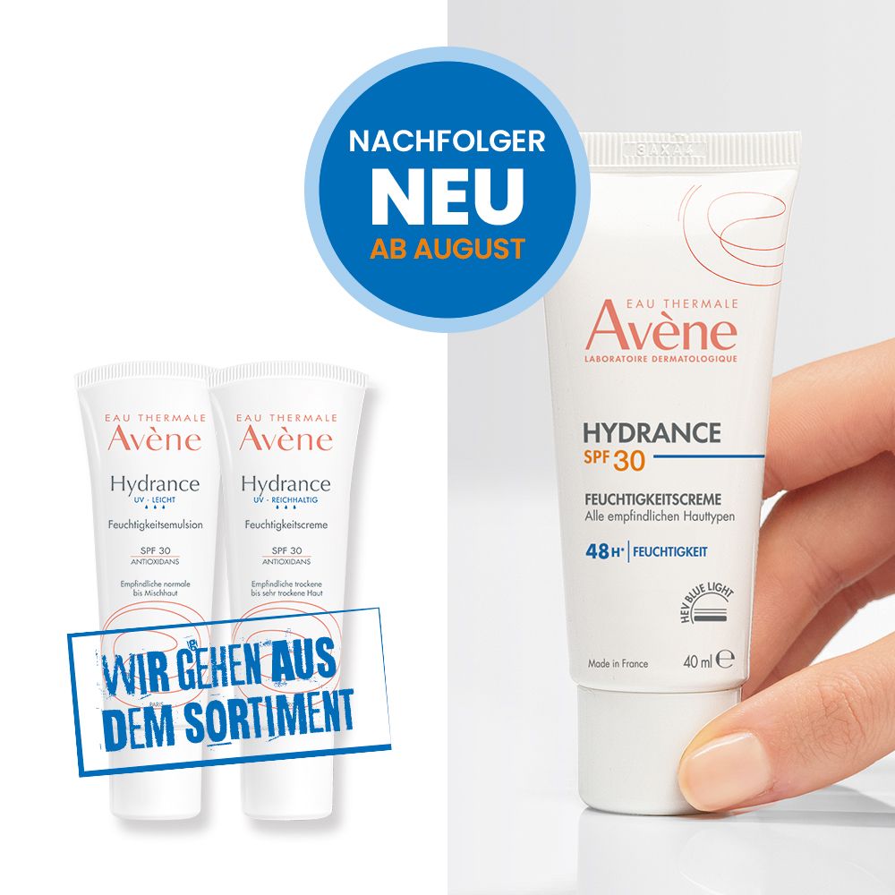 Deux tubes Avène Hydrance, un avec texte: Nous sortons de la gamme. Un tube Hydrance SPF 30.