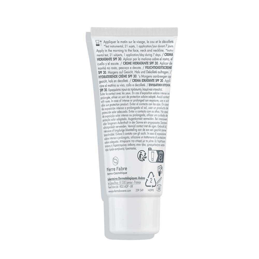Rückseite der Tube Avène Hydrance SPF 30. Text in mehreren Sprachen. Informationen zur Anwendung.