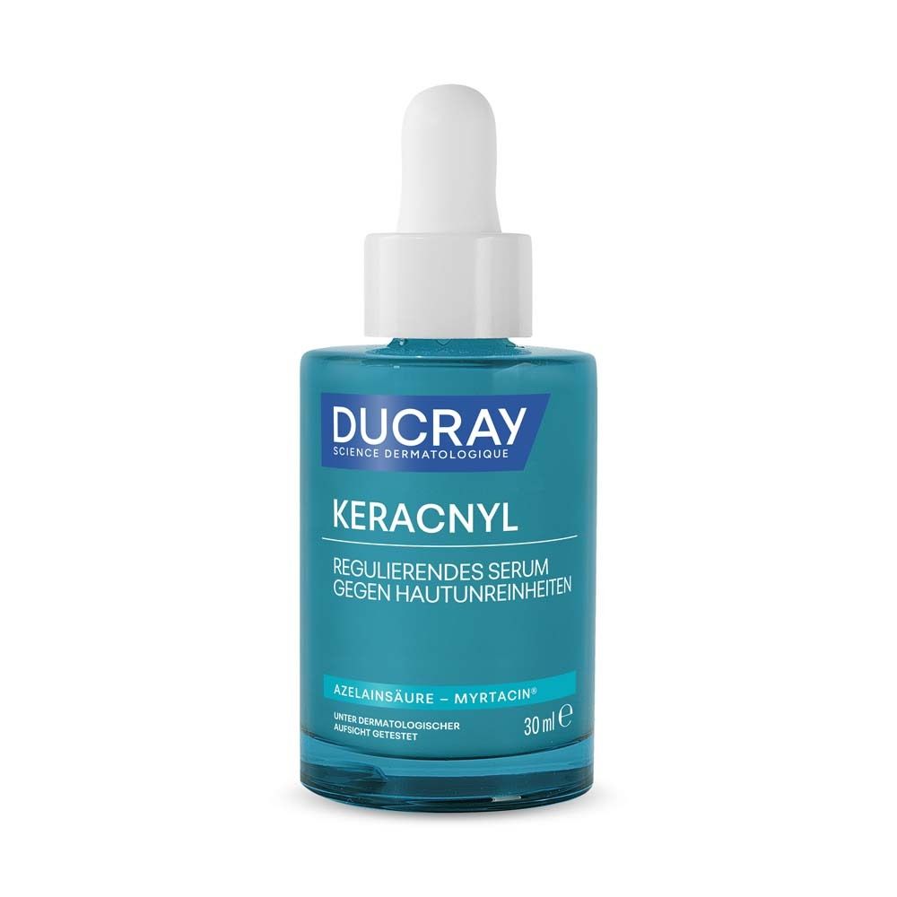 Flacon de sérum bleu avec bouchon et pipette blancs. Inscription : Ducray, Keracnyl, Sérum régulateur anti-imperfections.
