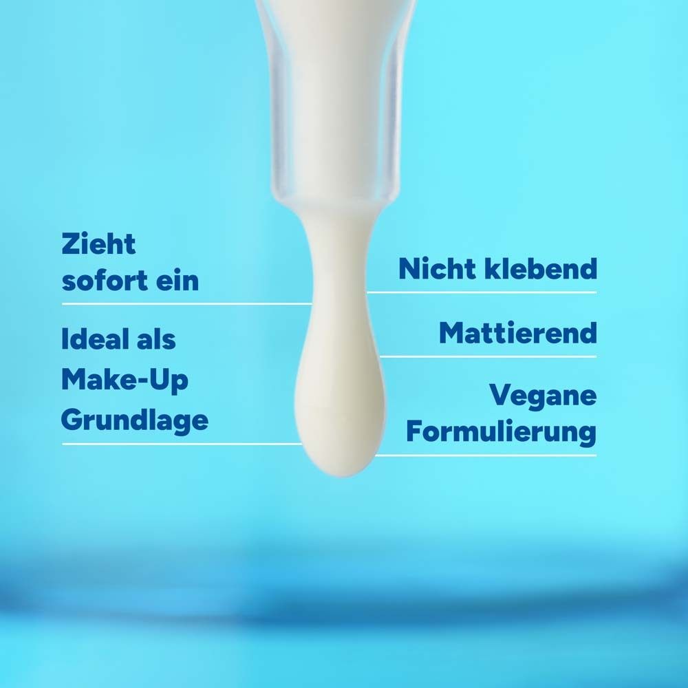 Goutte blanche. Texte : Pénètre instantanément, idéal comme base de maquillage, non collant, matifiant, formule vegan.