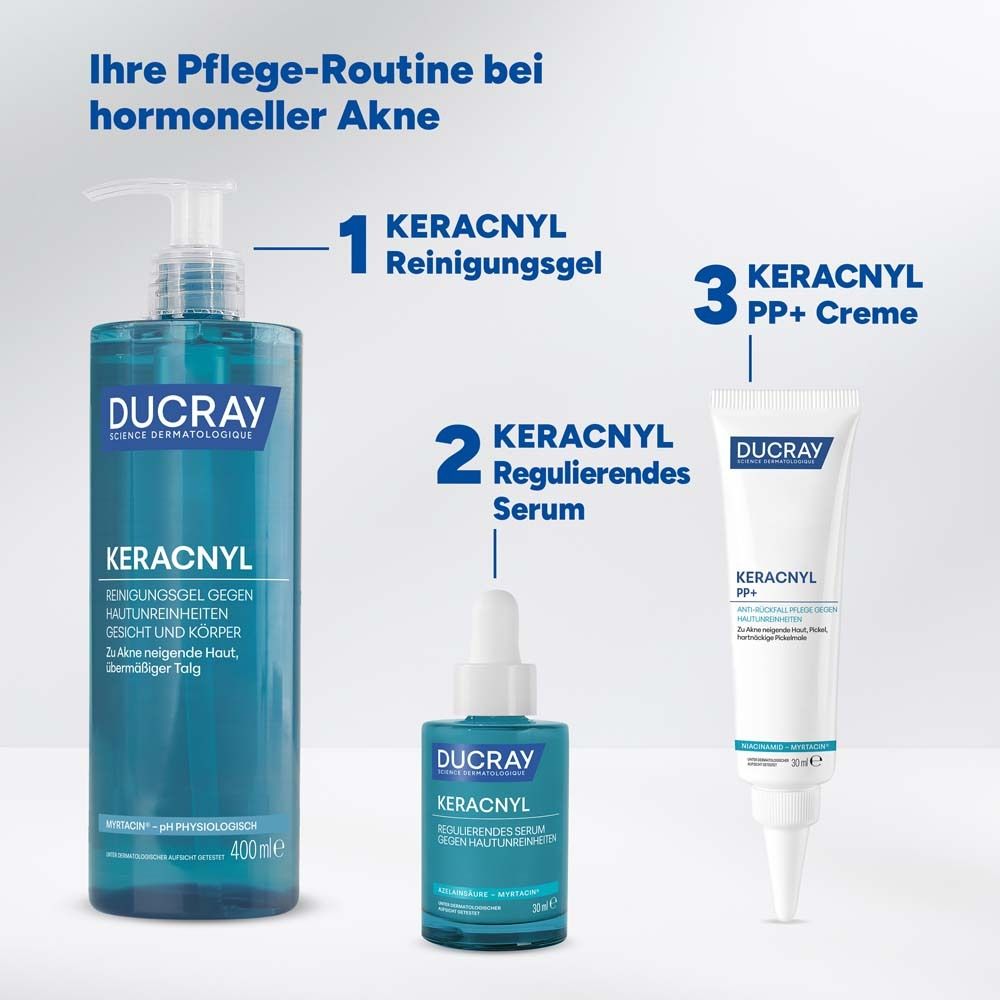 Trois produits : gel nettoyant, sérum et crème. Inscription : Ducray, Keracnyl.