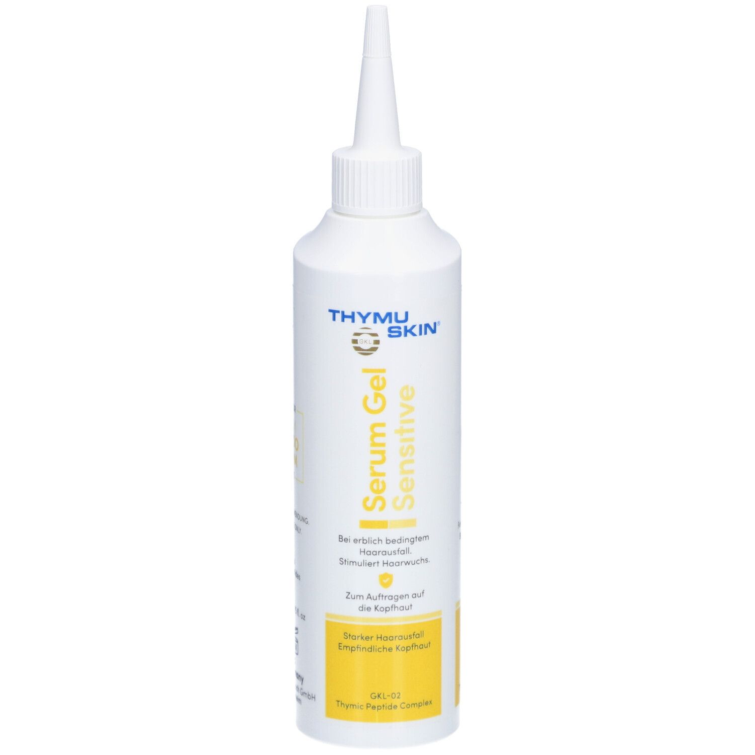 Weiße Flasche mit Applikator. Aufschrift: Thymuskin Serum Gel Sensitive. Für starkem Haarausfall.