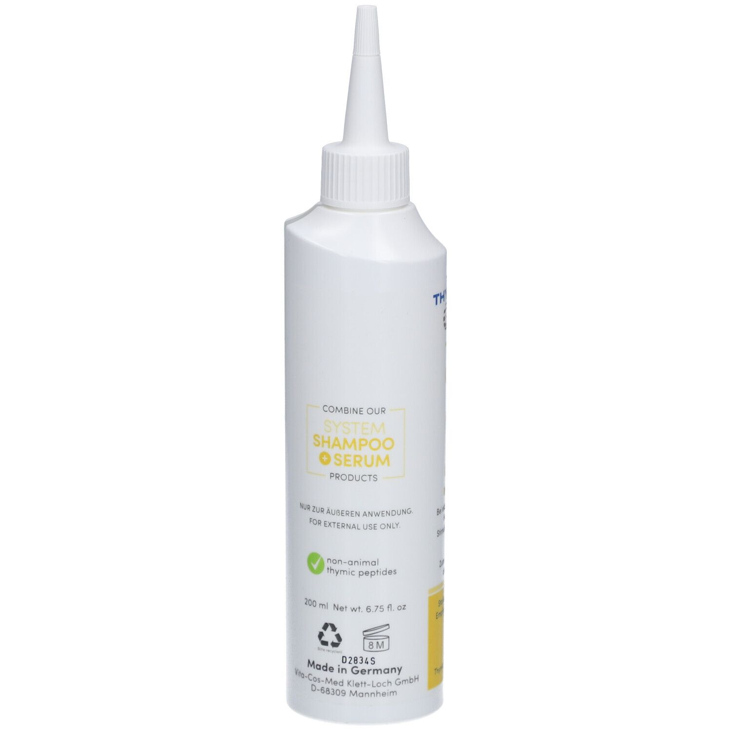 Rückseite der weißen Flasche. Aufschrift: Thymuskin Serum Gel Sensitive. Enthält Thymus Peptide. 200 ml.