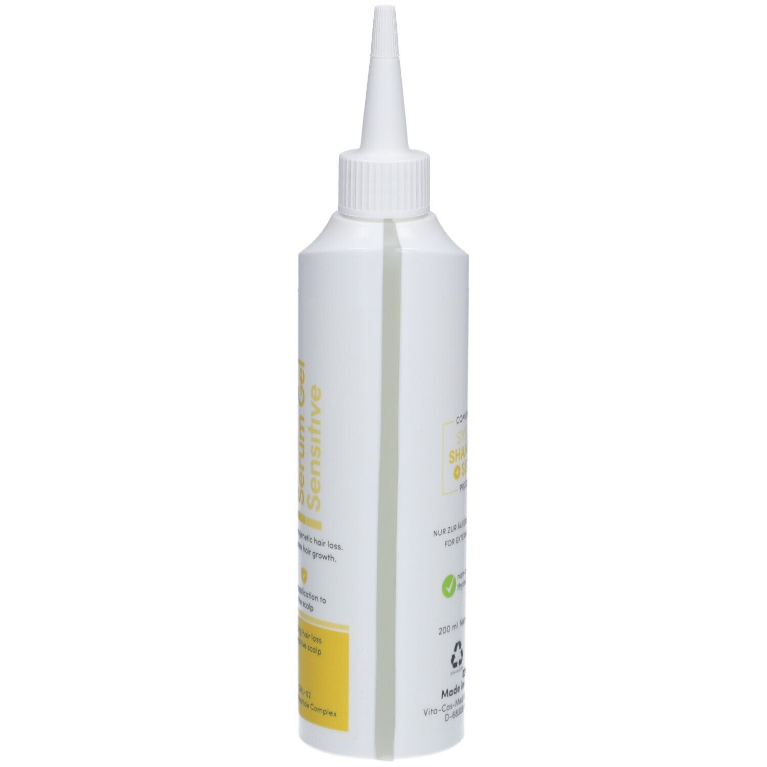Seitenansicht der weißen Flasche. Aufschrift: Thymuskin Serum Gel Sensitive. Für das Haarwachstum.
