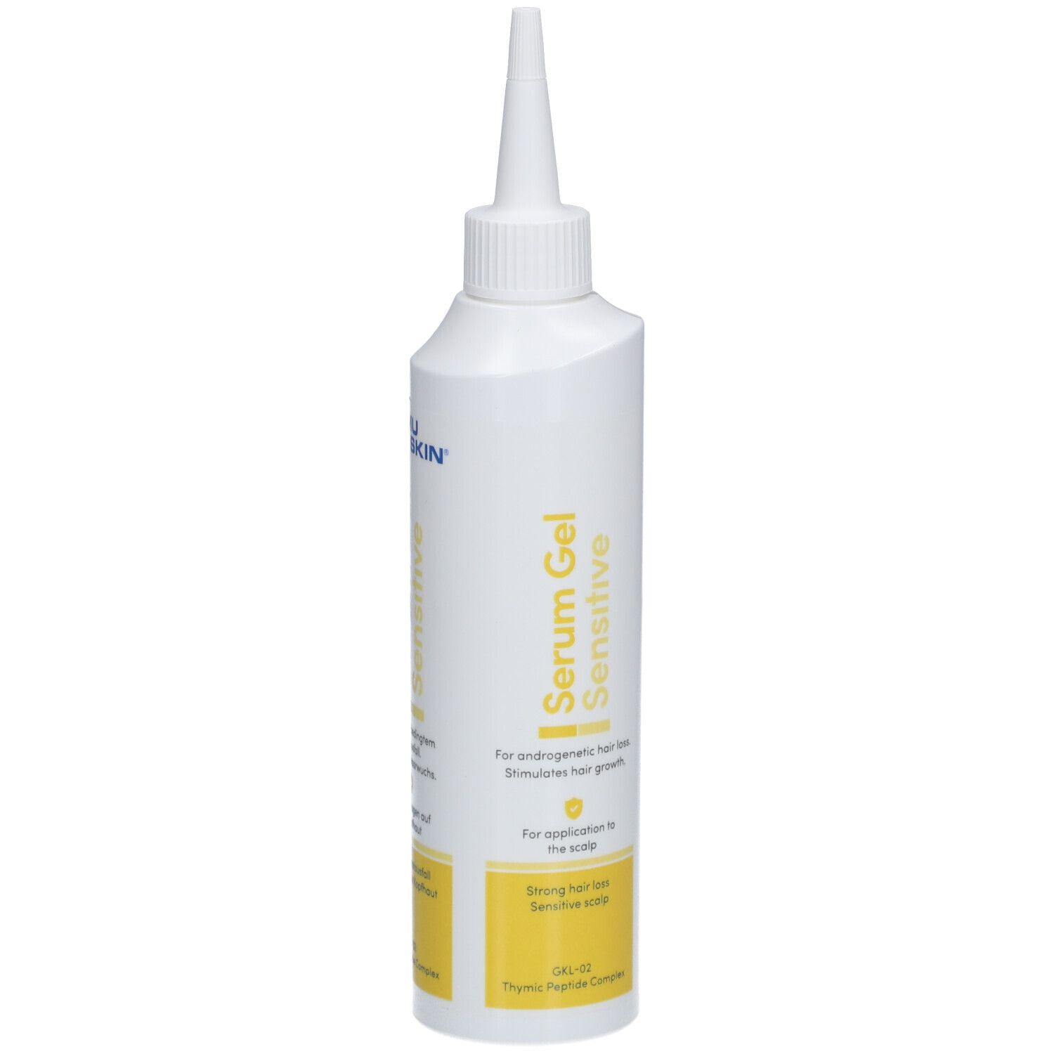 Weiße Flasche mit Applikator. Aufschrift: Thymuskin Serum Gel Sensitive. Für androgenetischen Haarausfall.