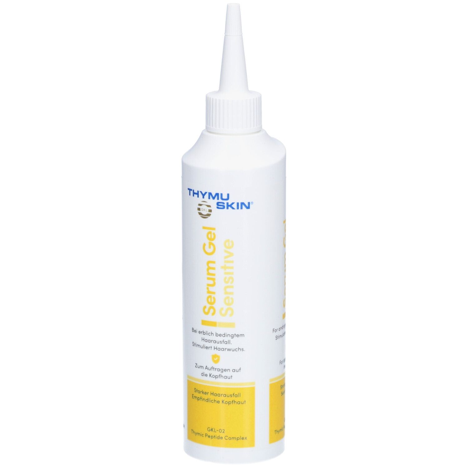 Weiße Flasche mit Applikator. Aufschrift: Thymuskin Serum Gel Sensitive. Für starkem Haarausfall.