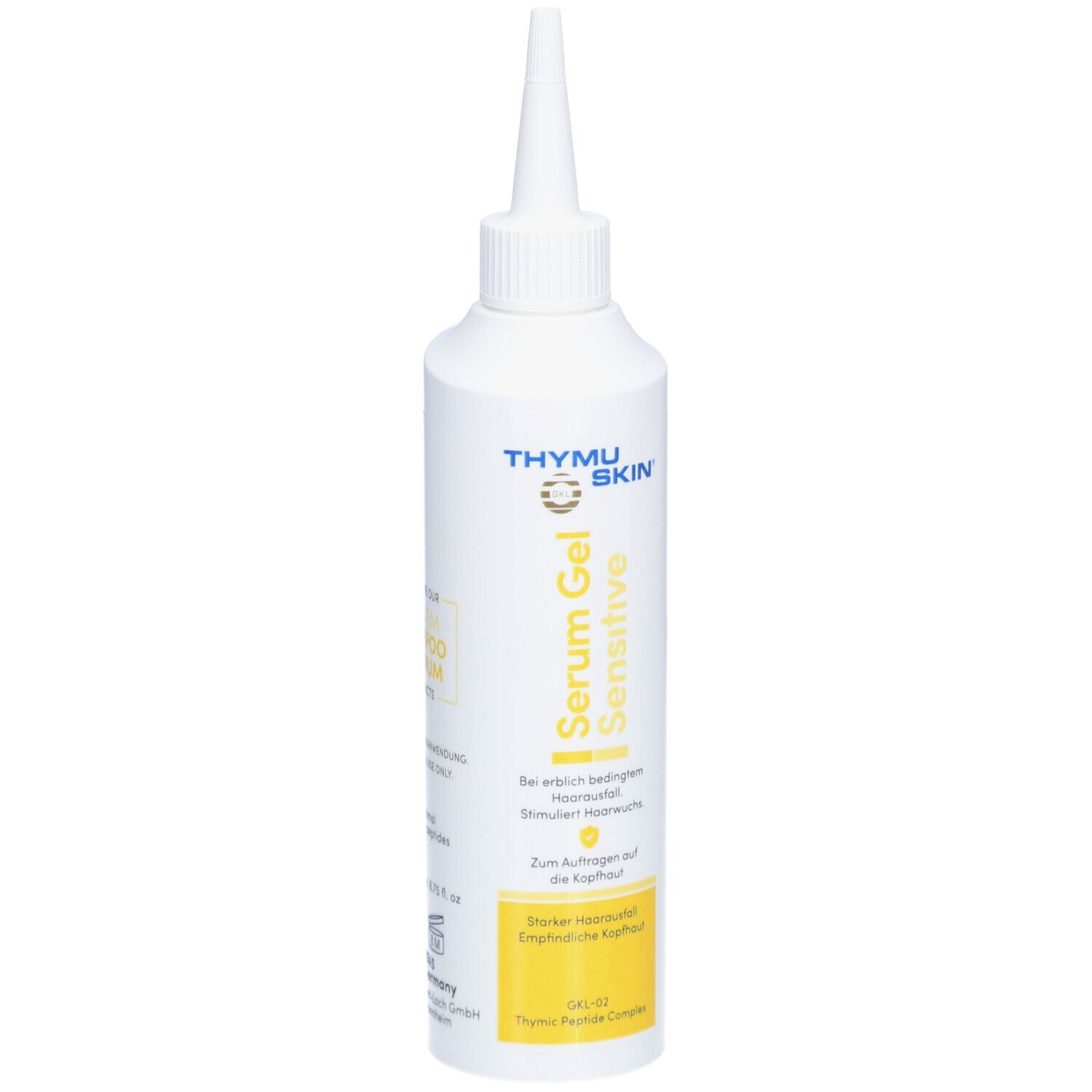 Weiße Flasche mit Applikator. Aufschrift: Thymuskin Serum Gel Sensitive. Für starkem Haarausfall.