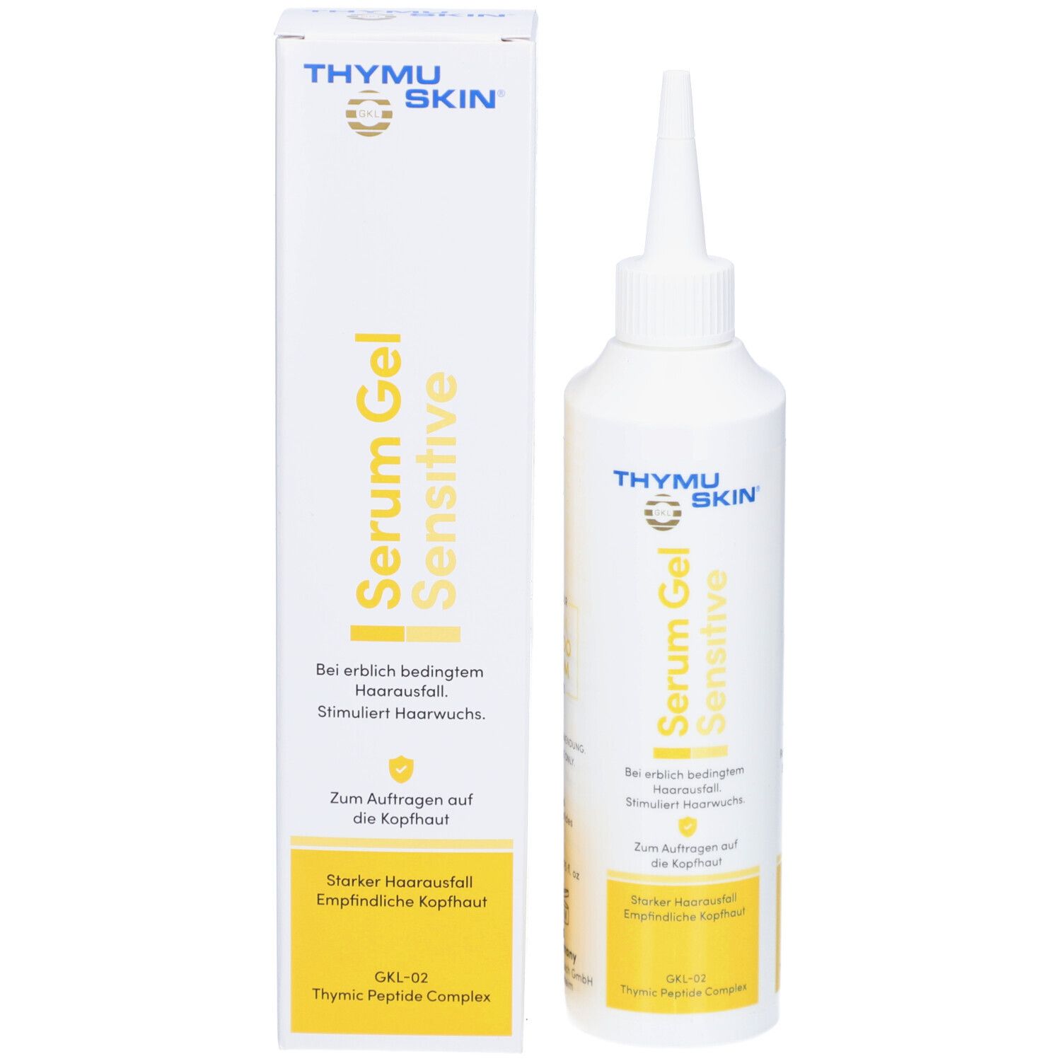 Produkt und Verpackung. Weiße Flasche mit Applikator und Karton. Aufschrift: Thymuskin Serum Gel Sensitive.