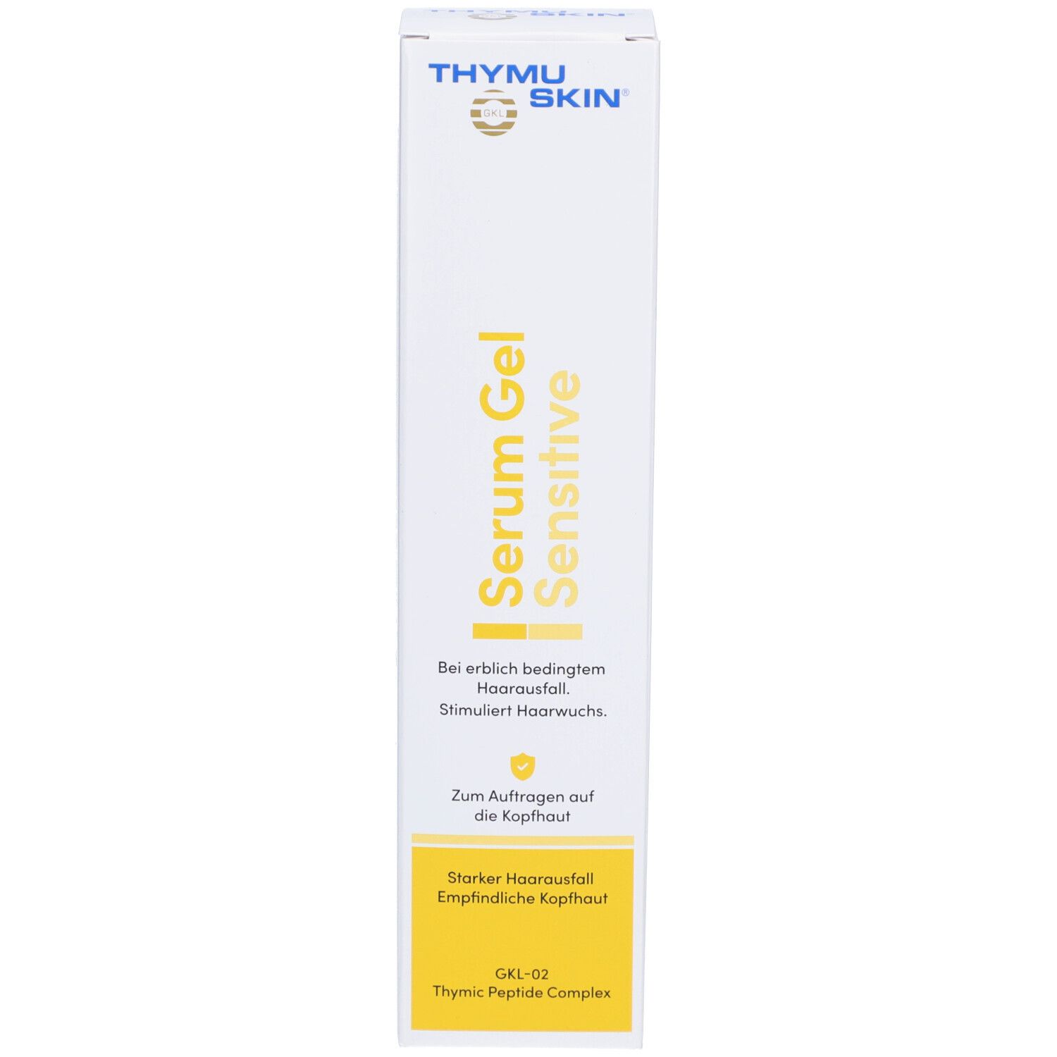 Kartonverpackung. Aufschrift: Thymuskin Serum Gel Sensitive. Für erblich bedingten Haarausfall.
